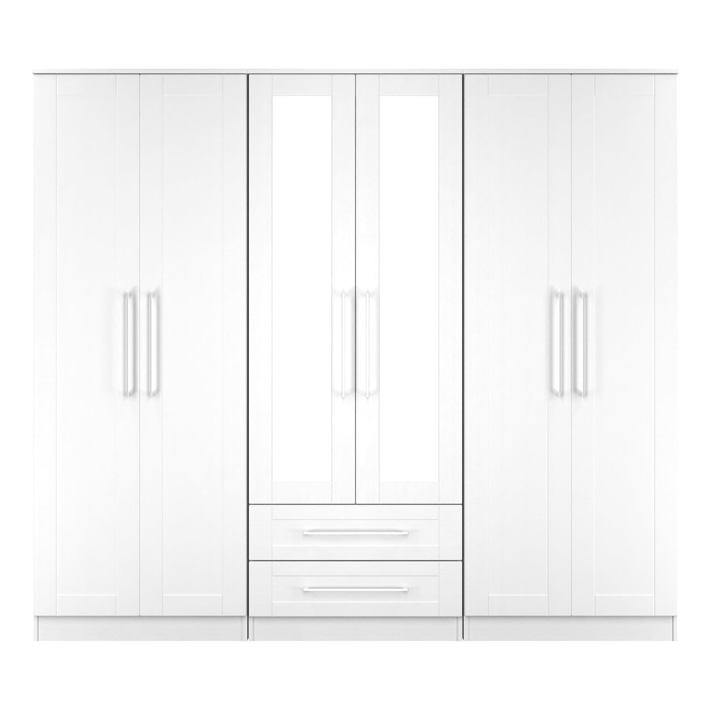 York Tall Mirror Wardrobe White 6 Doors 2 Shelves 2 Drawers 222cm
