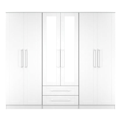 York Tall Mirror Wardrobe White 6 Doors 2 Shelves 2 Drawers 222cm