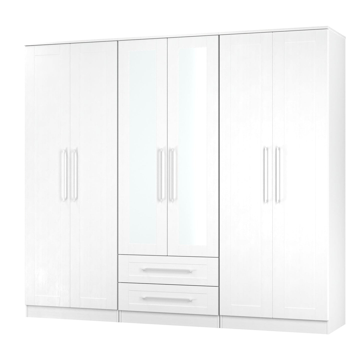 York Tall Mirror Wardrobe White 6 Doors 2 Shelves 2 Drawers 222cm