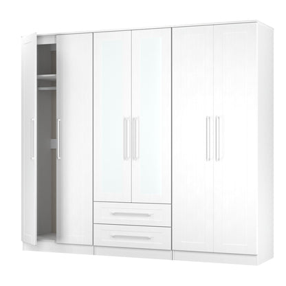 York Tall Mirror Wardrobe White 6 Doors 2 Shelves 2 Drawers 222cm