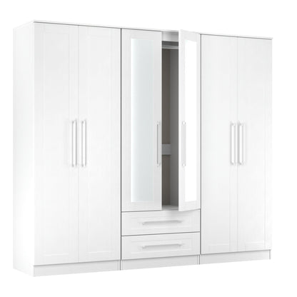 York Tall Mirror Wardrobe White 6 Doors 2 Shelves 2 Drawers 222cm