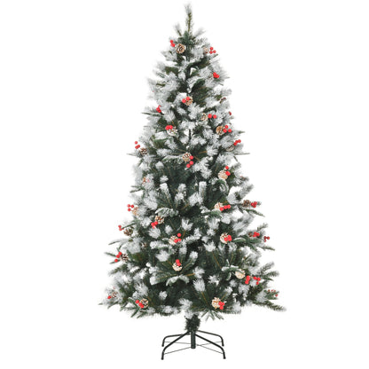Homcom 6 Foot Artificial Snow Dipped Christmas Tree Xmas Pencil Tree with Foldable Feet Red Berries White Pinecones Primary Image