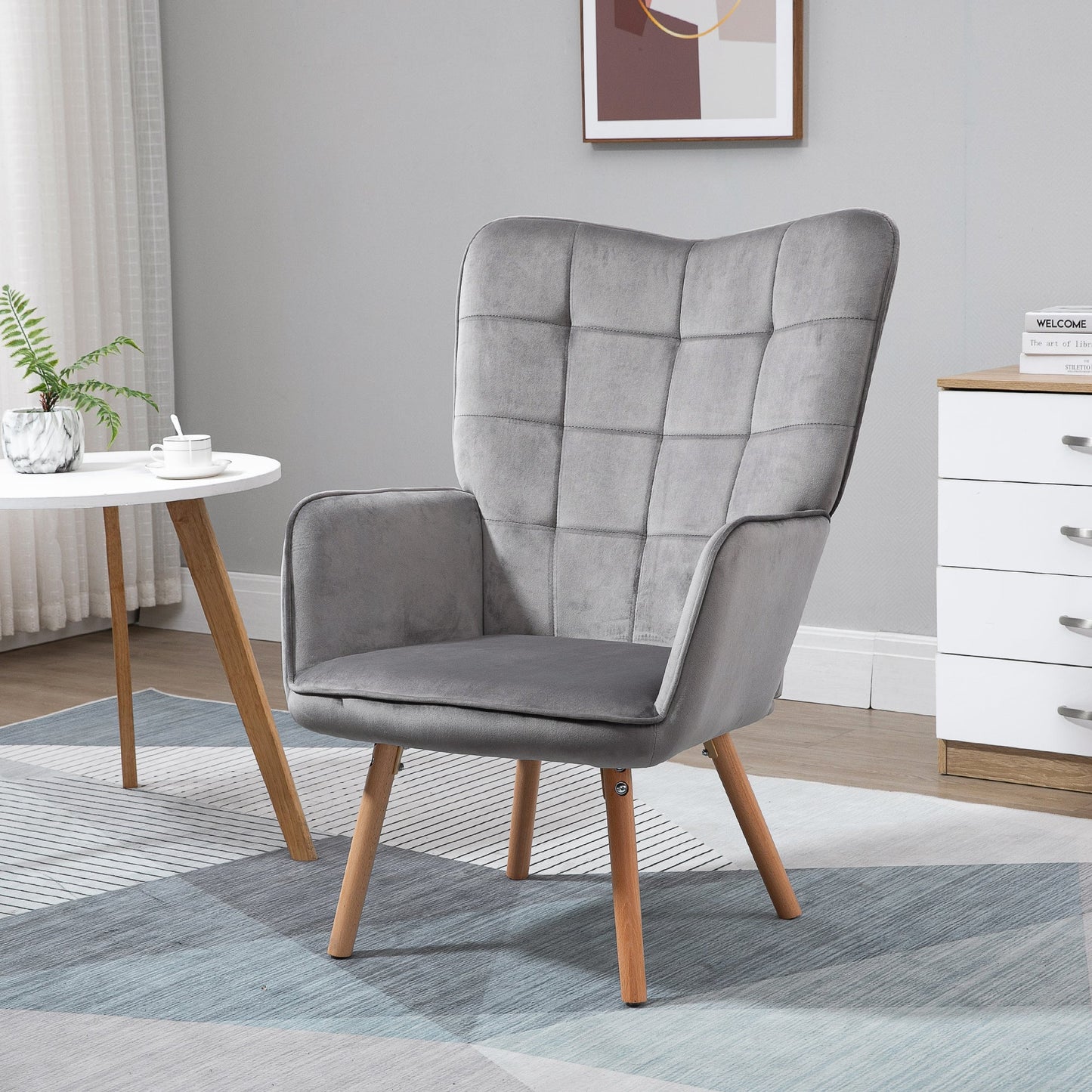 Accent Chair VelvetTufted Wingback Armchair Club Chair with Wood Legs Grey