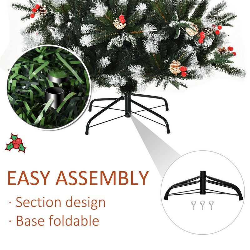 Homcom 6 Foot Artificial Snow Dipped Christmas Tree Xmas Pencil Tree with Foldable Feet Red Berries White Pinecones