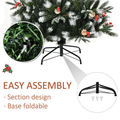 Homcom 6 Foot Artificial Snow Dipped Christmas Tree Xmas Pencil Tree with Foldable Feet Red Berries White Pinecones