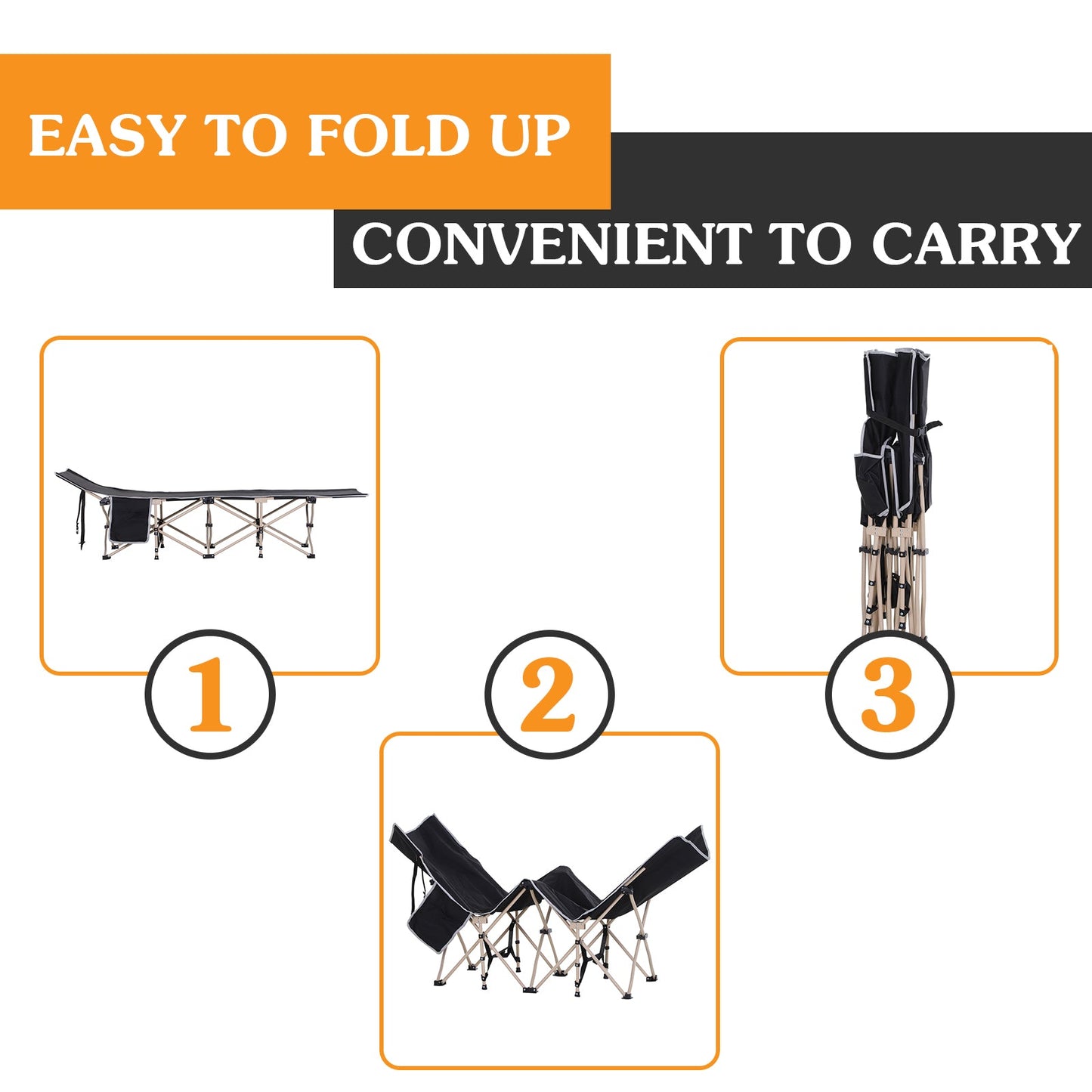 Outsunny Single Person Camping Bed Folding Cot Outdoor Patio Portable Military Sleeping Bed Travel Guest Leisure Fishing With Side Pocket And Carry Bag - Black