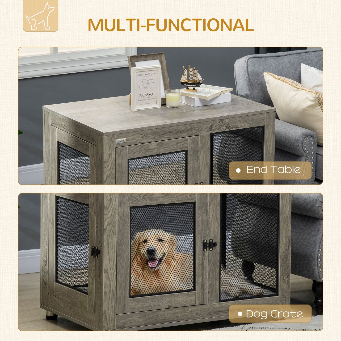 Pawhut Two-In-One Dog Cage & Side Table With Two Doors Cushion For Large Dogs