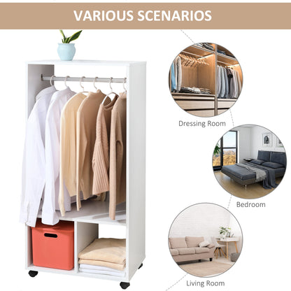 Rolling Open Wardrobe w/ Hanging Rod Storage Shelves Closet Organizer
