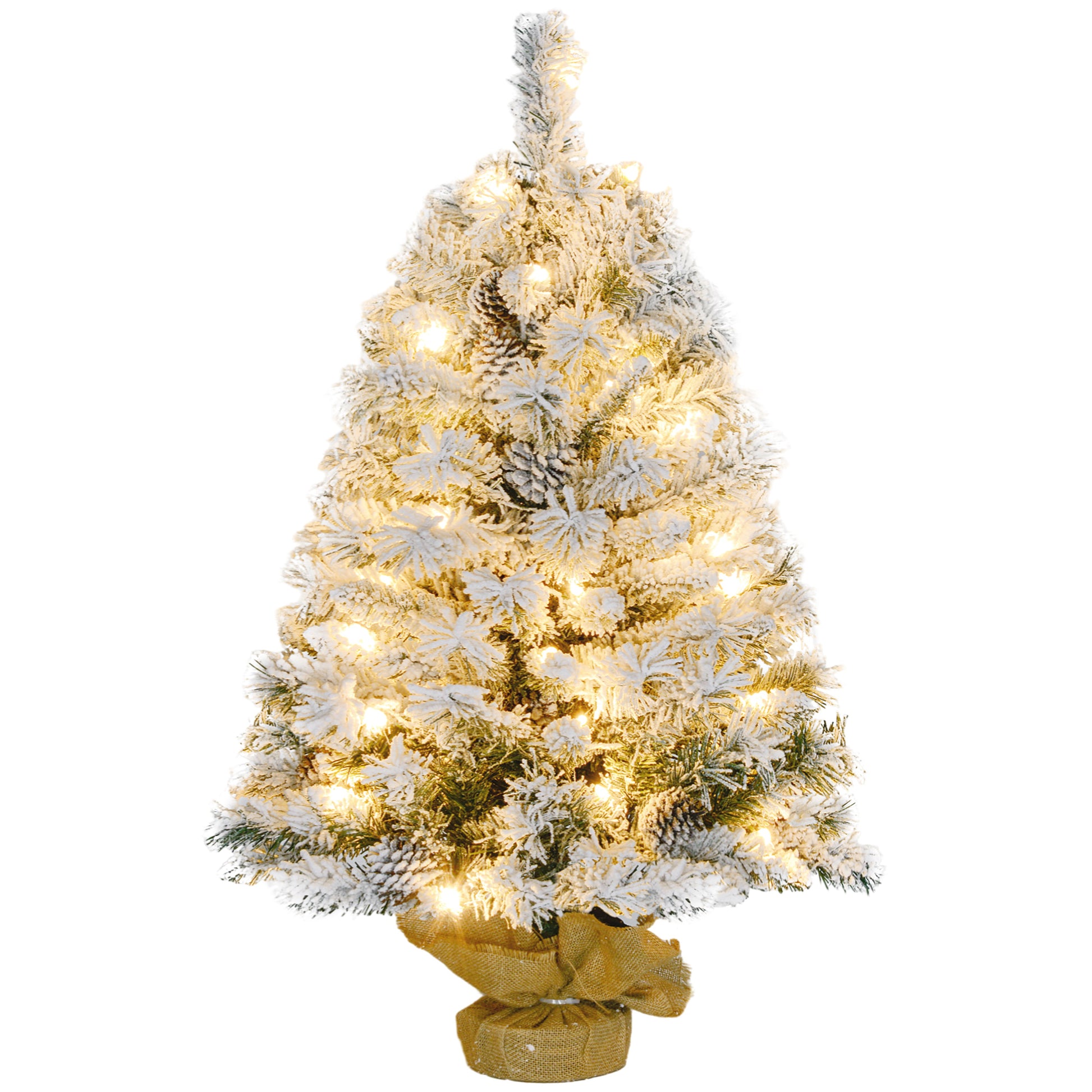 3ft Burlap Base Christmas Tree Artificial - White Frosted Green with LED Lights Warm White 133 Tips Primary Image
