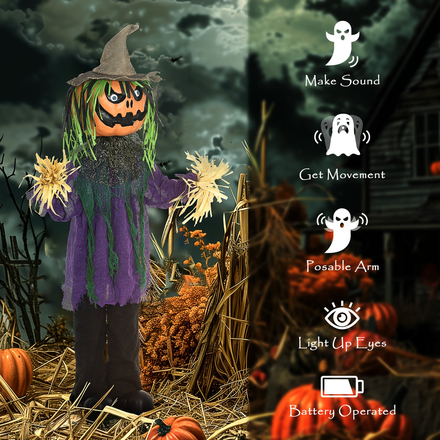 Animated Pumpkin Scarecrow Halloween Decoration - 114cm