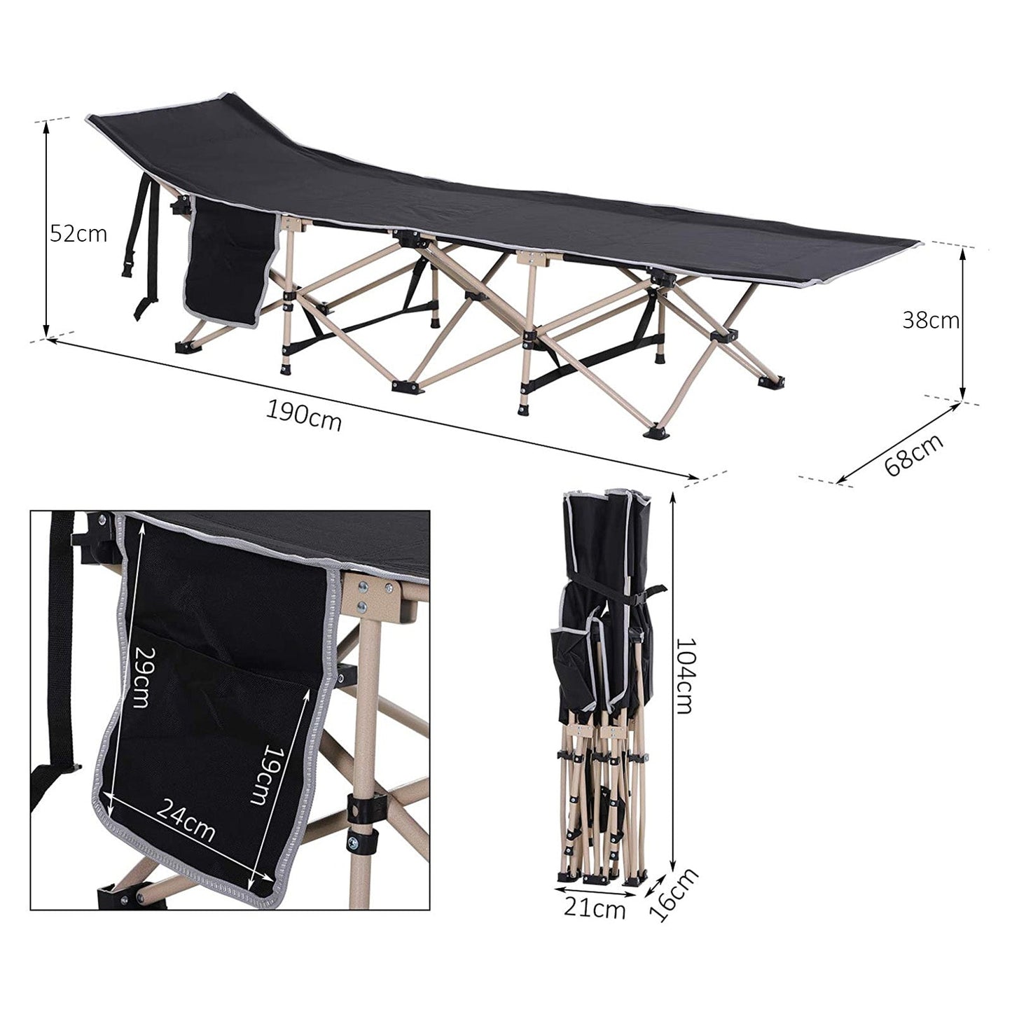 Outsunny Single Person Camping Bed Folding Cot Outdoor Patio Portable Military Sleeping Bed Travel Guest Leisure Fishing With Side Pocket And Carry Bag - Black
