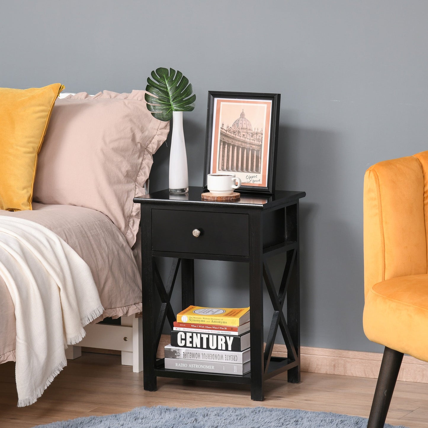 End Table?Sofa Side Table with Drawer X Bar Bottom Storage Shelf