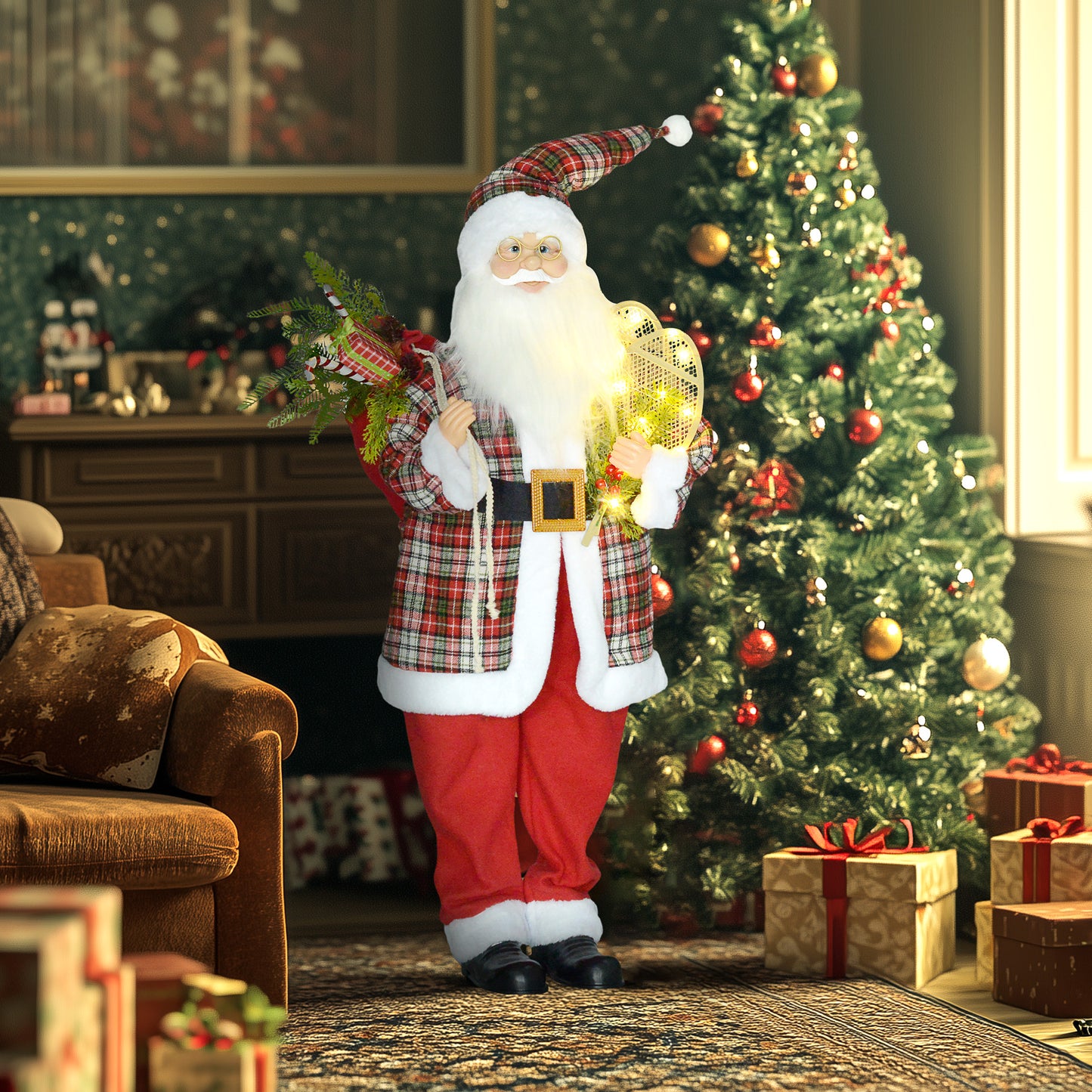 Santa Christmas Decoration with Tartan Pattern - 120cm
