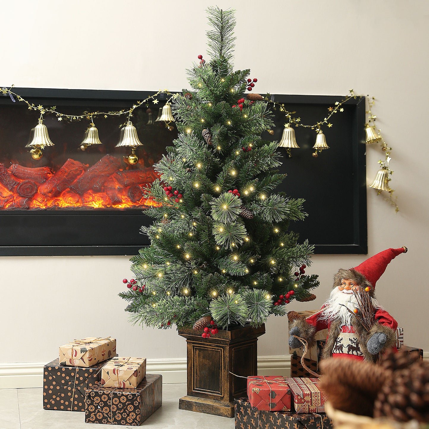 4ft Potted Christmas Tree Artificial - Dark Green with LED Lights Warm White 230 Tips Primary Image