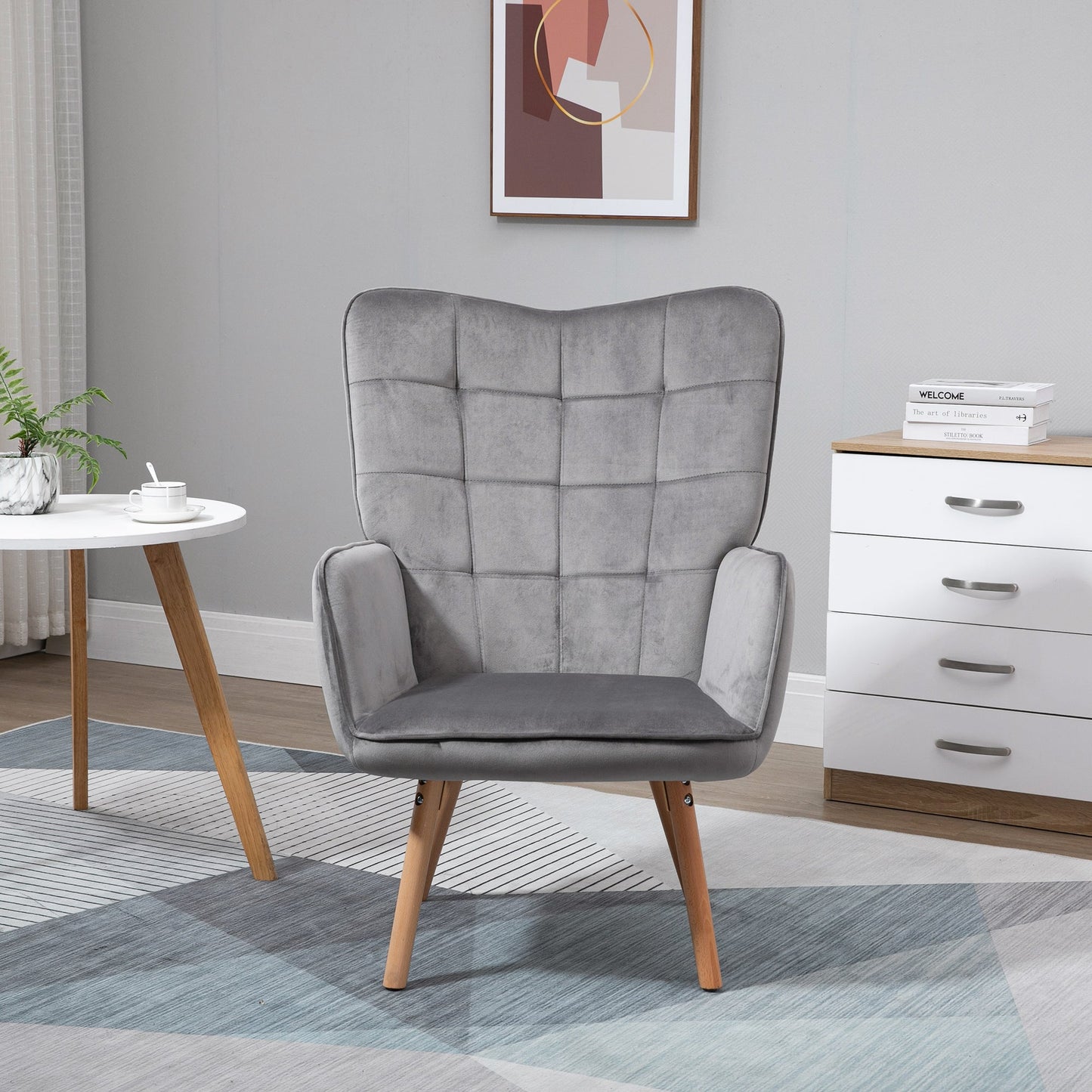 Accent Chair VelvetTufted Wingback Armchair Club Chair with Wood Legs Grey