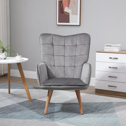 Accent Chair VelvetTufted Wingback Armchair Club Chair with Wood Legs Grey
