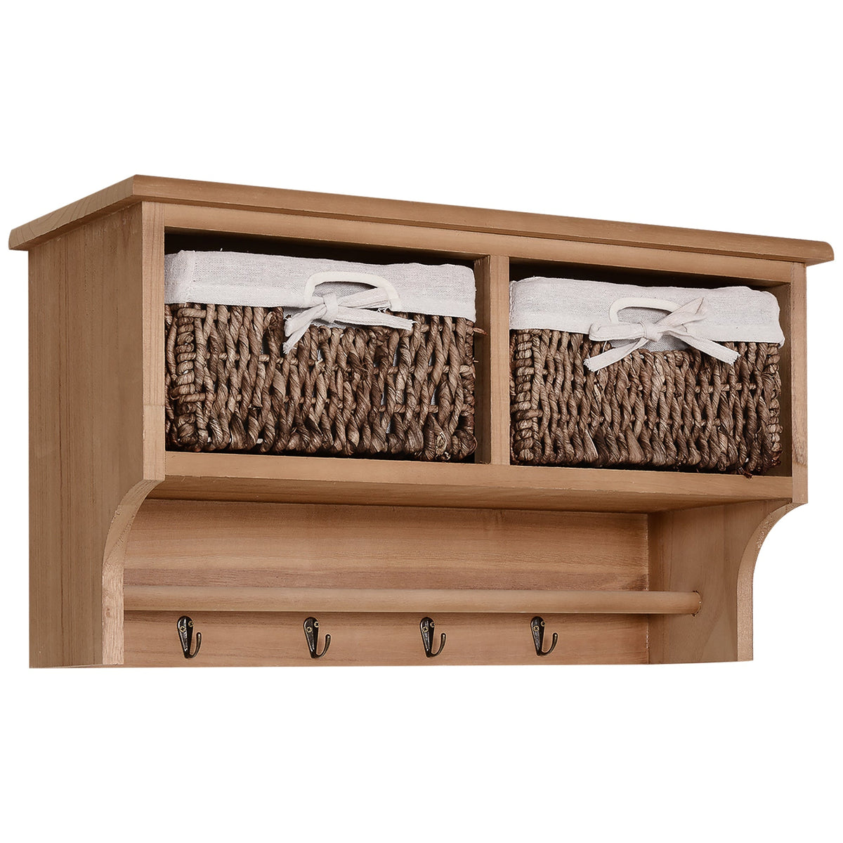 Entryway Coat Rack Wall Mounted Shelf w/ 2 Corn Husk Baskets and Hooks Primary Image