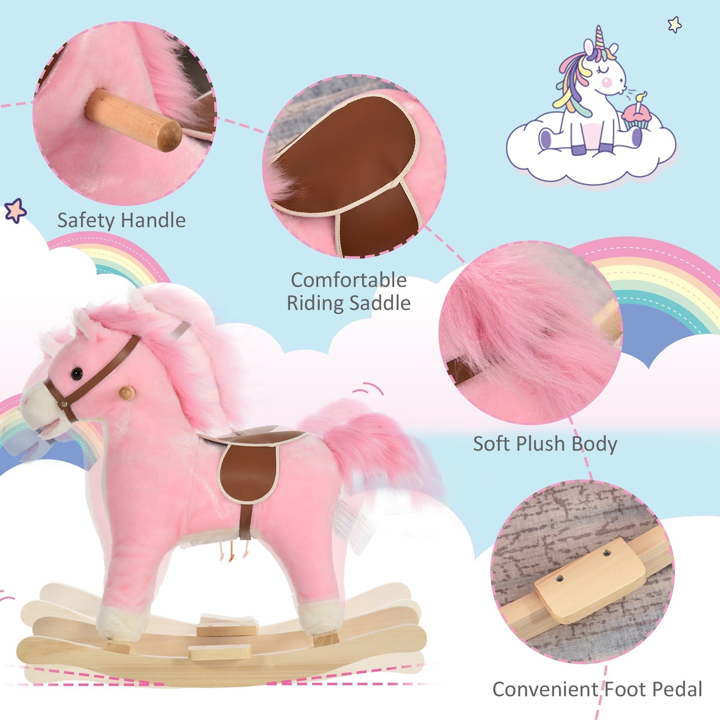 Kids Plush Rocking Horse w/ Sound Moving Mouth Wagging Tail Children Rocker Ride On Toy Gift 36 - 72 Months Pink