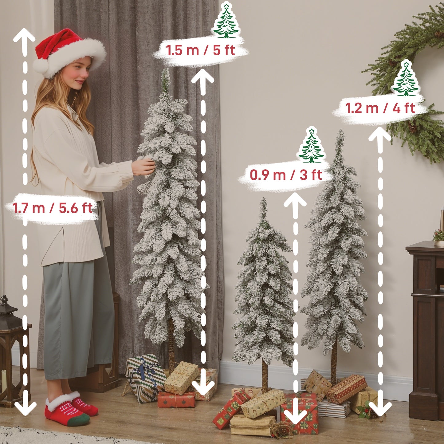 3x Slim Pencil Christmas Tree Artificial - White Frosted Green   Tips