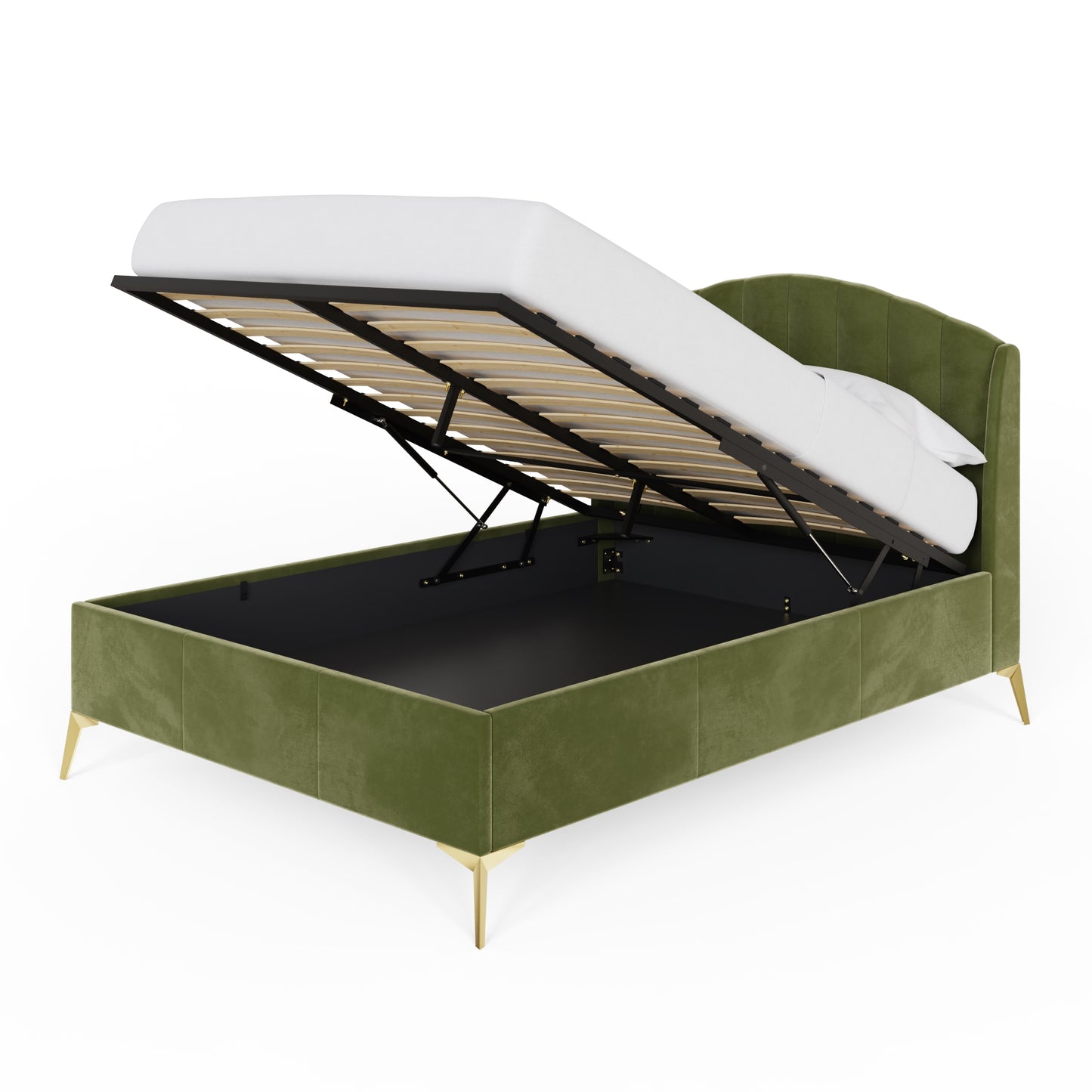 Pettine Double Ottoman Bed Wood & Fabric Green 5 x 7ft