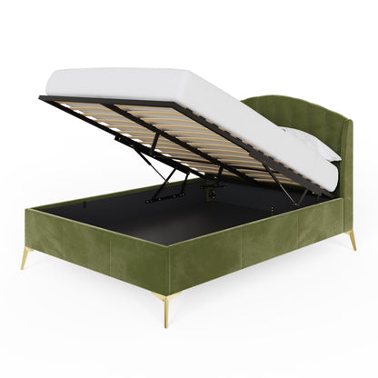 Pettine King Size Ottoman Bed Wood & Fabric Green 5 x 7ft
