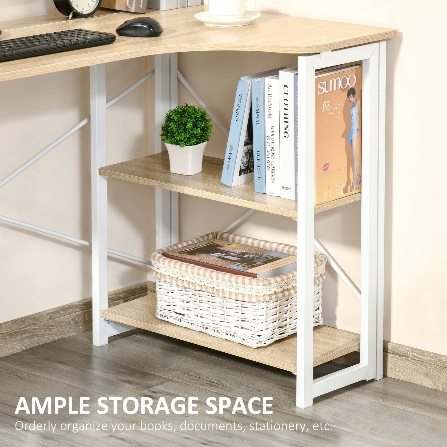Homcom L-Shaped Desk Corner Computer Desk Folding Home Office Desk Study Table With 2 Shelves Oak Tone