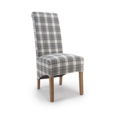 See more information about the Pair of Classic Roll Back Dining Chairs Wood & Fabric Light Grey Check