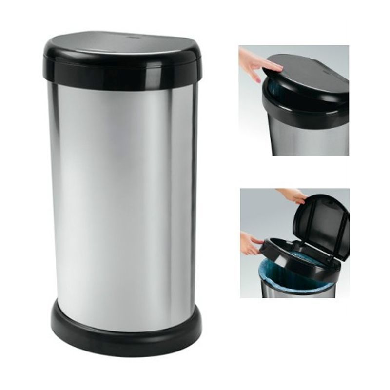 Plastic Bin Touch Button Lid 42 Litres - Silver & Black by Moda
