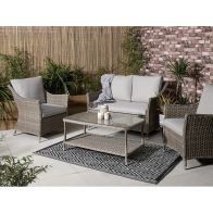 See more information about the Arles Garden Conservatory Set by Croft - 4 Seats Aluminium Full Round Weave Rattan Grey