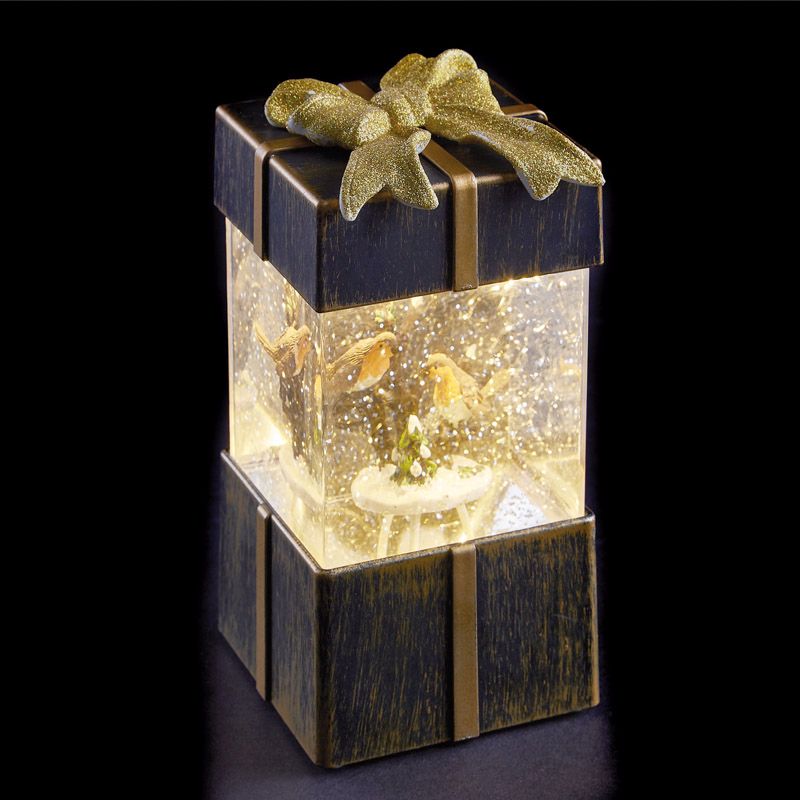 LED White Animated Bronze Gift Box With Robins Ornament 17cm