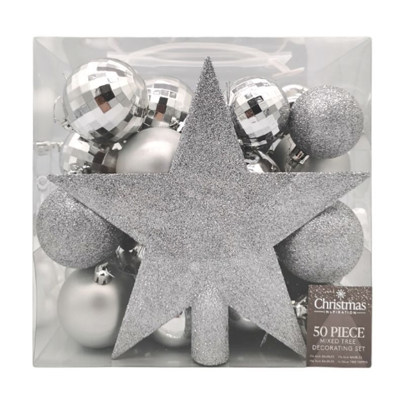 50 x Christmas Tree Baubles Decoration Silver - Various Sizes by Christmas Inspiration