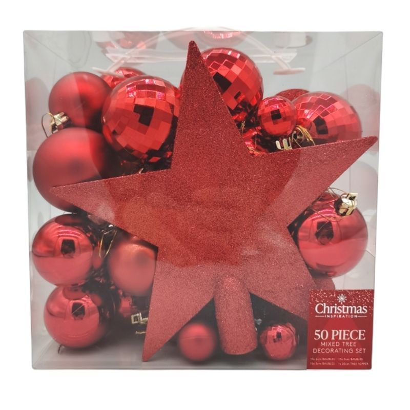 50 x Christmas Tree Baubles Decoration Red - Various Sizes by Christmas Inspiration
