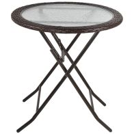 See more information about the Outsunny Folding Round Tempered Glass Metal Table with Brown Rattan Edging