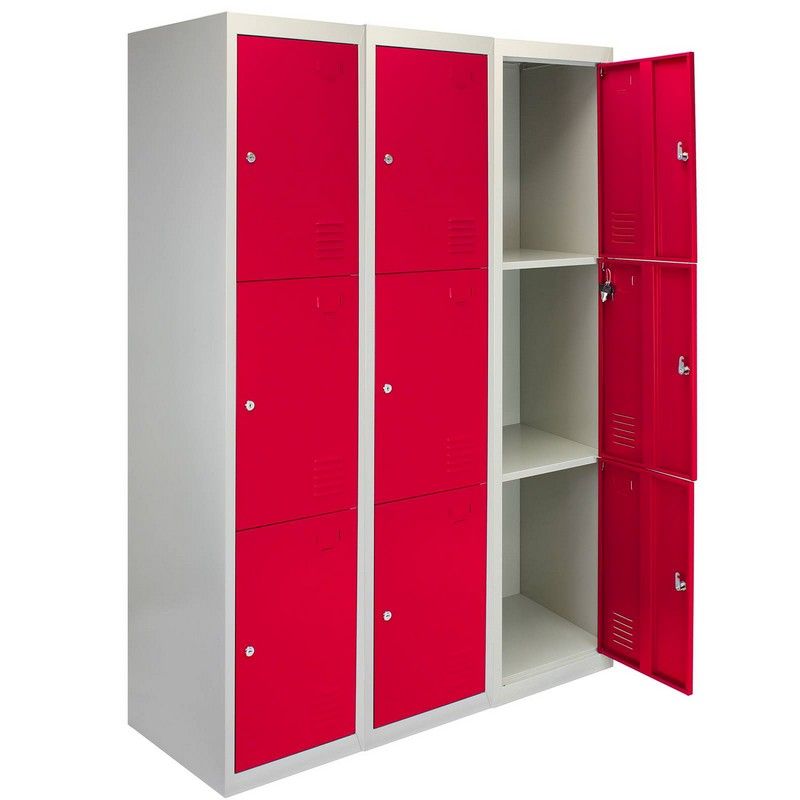 Steel Lockers 9 Compartments 180cm - Grey & Red Set Of Three Flatpack by Raven