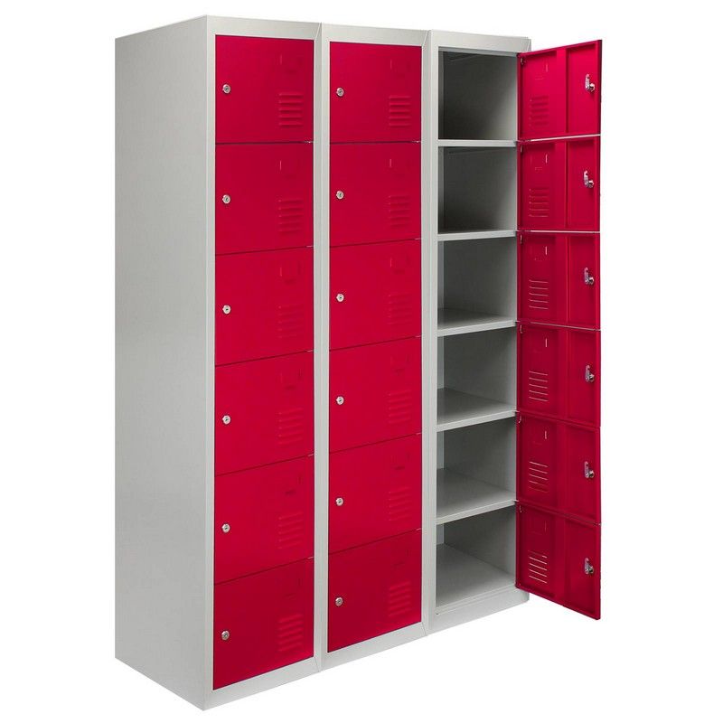 Steel Lockers 18 Compartments 180cm - Grey & Red Set Of Three Flatpack by Raven