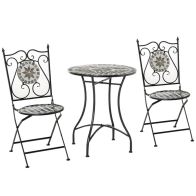 See more information about the Outsunny 3 Pcs Mosaic Tile Garden Bistro Set Outdoor Seating w/ Table 2 Folding Chairs Set Metal Frame Elegant Scrolling Indoor Patio Balcony
