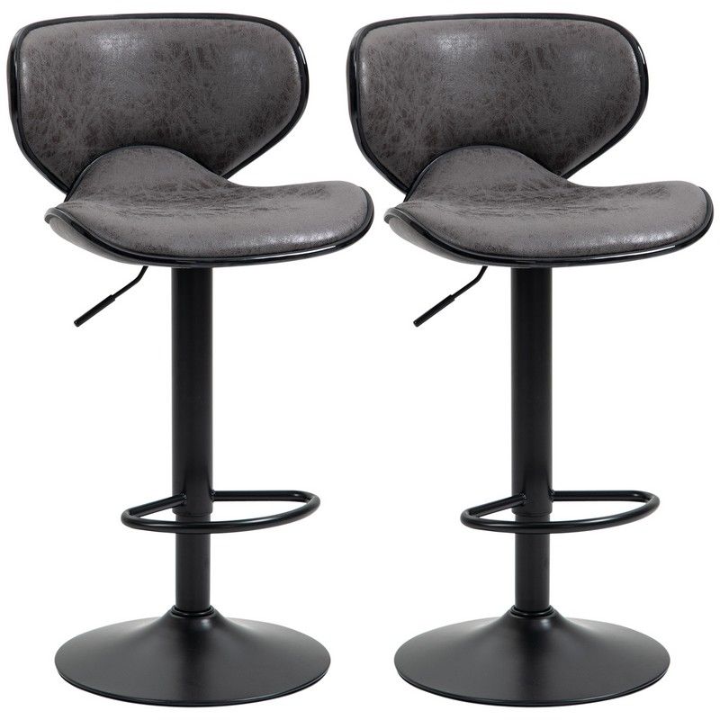 Homcom Bar Stool Set Of 2 Pu Leather Adjustable Height Armless Chairs With Swivel Seat Dark Grey