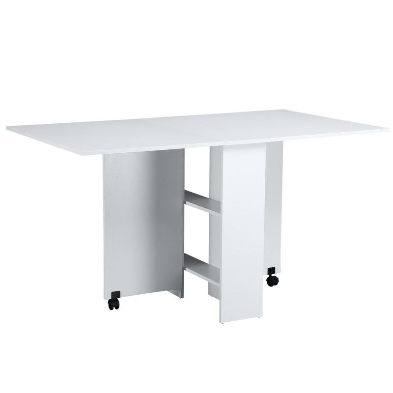 Homcom Mobile Drop Leaf Dining Kitchen Table Folding Desk For Small Spaces With 2 Wheels & 2 Storage Shelves White