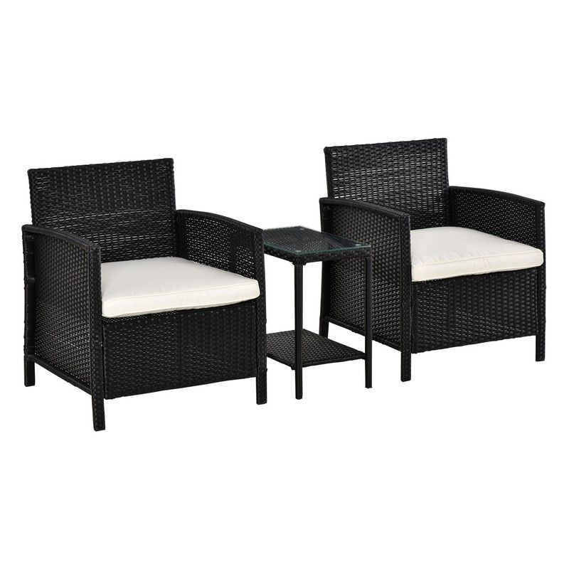 Outsunny 2-Seater Pe Rattan Side Table & Armchair Bistro Set Jack And Jill Seat With Pillows Black