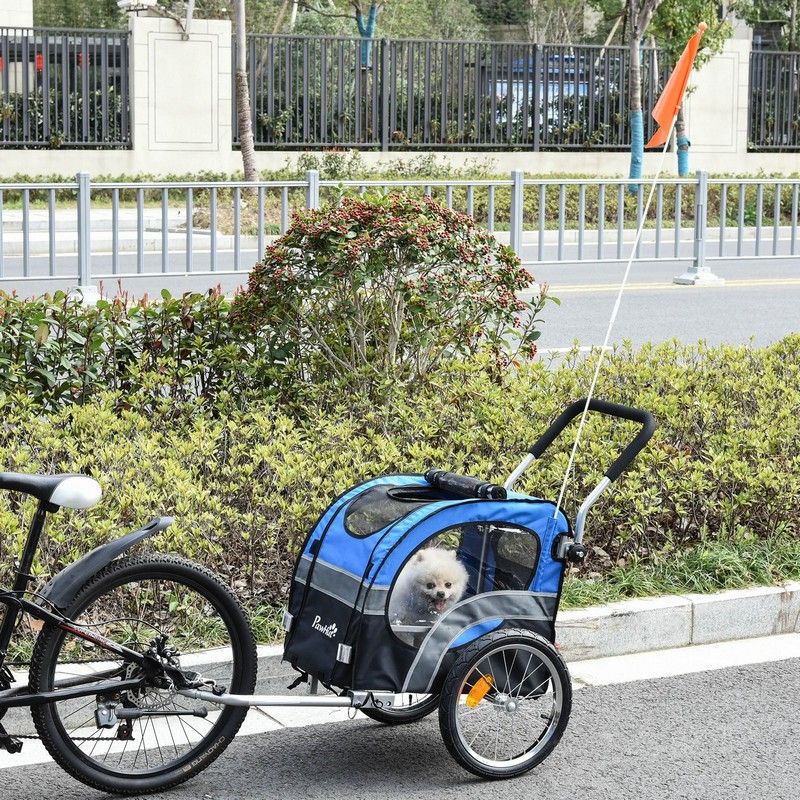 PawHut 2-in-1 Dog Bike Trailer Pet Stroller Carrier Pushchair Reflector Flag 130x58x94cm