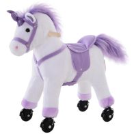 See more information about the Homcom Four Wheel Sit-On Unicorn Horse Neigh Button Plush Safe Seat Handlebar Wood Frame