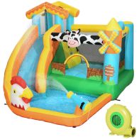 See more information about the Outsunny 5 in 1 Kids Bounce Castle Farm Style Inflatable House with Slide Trampoline Pool Water Cannon Climbing Wall with Inflator Carrybag