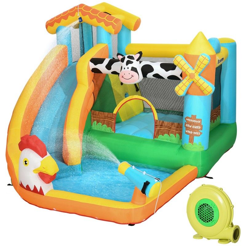 Outsunny 5 in 1 Kids Bounce Castle Farm Style Inflatable House with Slide Trampoline Pool Water Cannon Climbing Wall with Inflator Carrybag