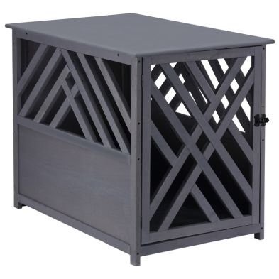See more information about the PawHut Wood Dog Crate Dog Cage Table Kennel Night Stand with Lockable Door for Small Medium Pets Grey 60 x 91 x 74 cm