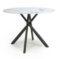 See more information about the Contemporary Circular Dining Table Metal & Glass White Marble Effect