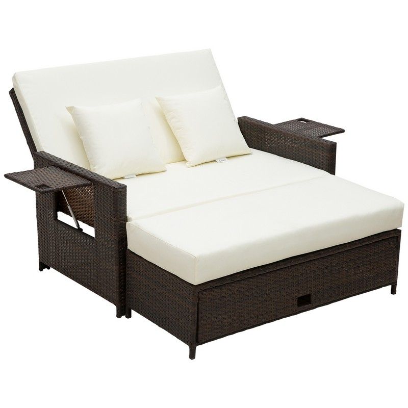 Outsunny Rattan Sun Lounger 2 Seater Day Bed-Brown