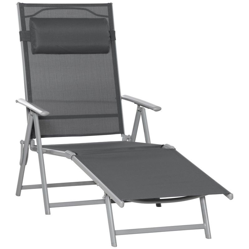 Outsunny Steel Fabric Sun Lounger Outdoor Folding Chaise Lounge Chair Recliner With Portable Design & 7 Adjustable Backrest Positions - Dark Grey