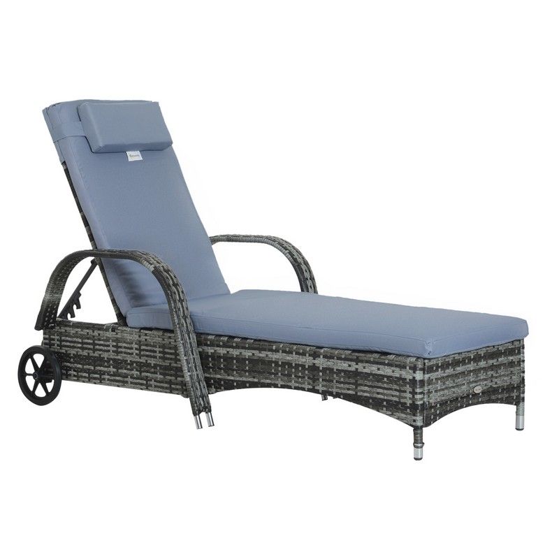 Outsunny Garden Rattan Furniture Single Sun Lounger Recliner Bed Reclining Chair Patio Outdoor Wicker Weave Adjustable Headrest With Fire Retardant Cushion - Grey