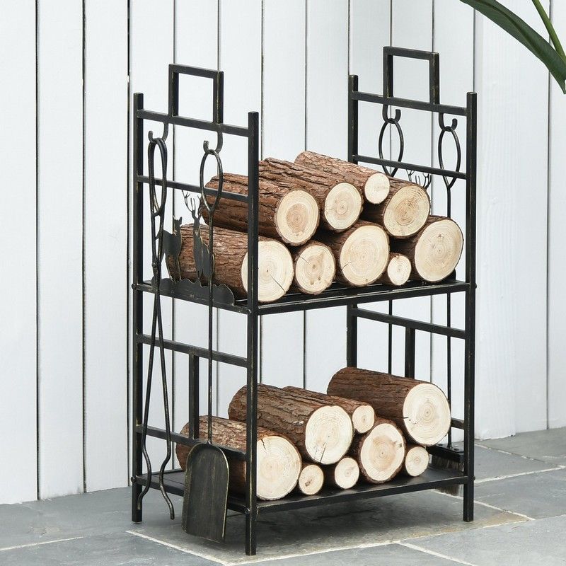 Outsunny 2-Tier Heavy Duty Firewood Rack Wood Log Fireplace Stacker Deer Design With 4 Tools Gold