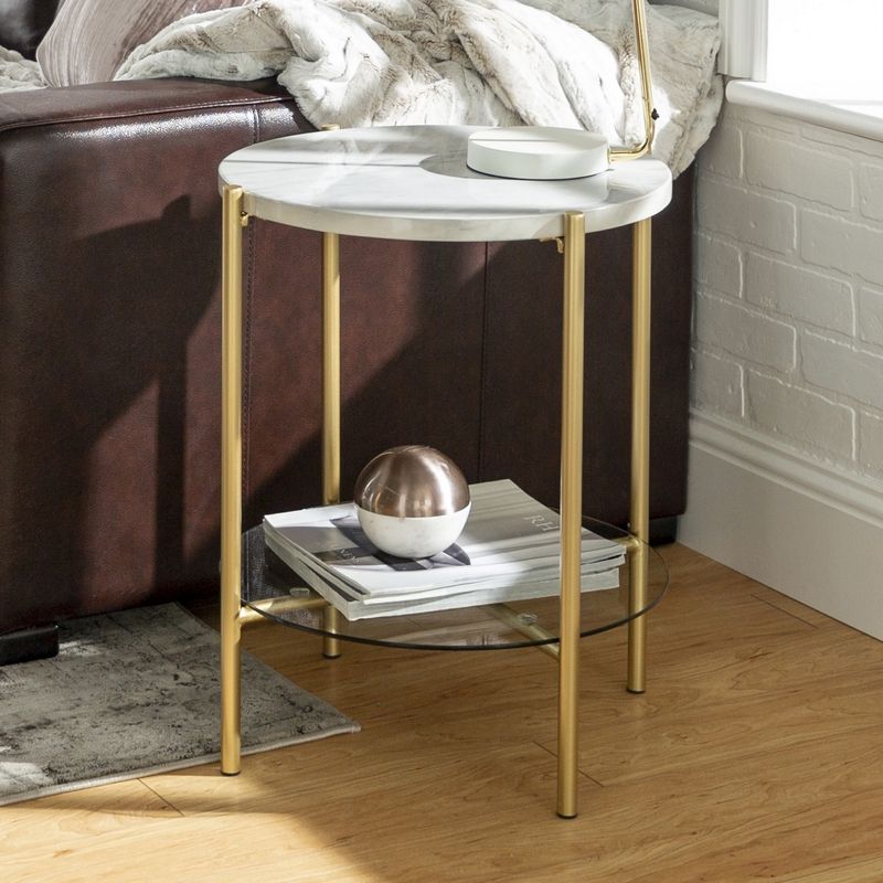 Deco Circular Side Table Gold and White 1 Shelf